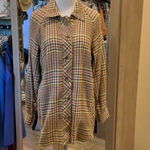 CAbi Tan and Brown Plaid Button Down Shacket